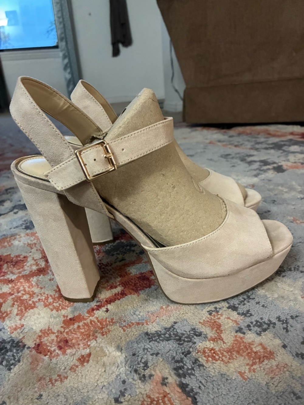 Women’s Peep-Toe Platform Slingback Heels in Beige